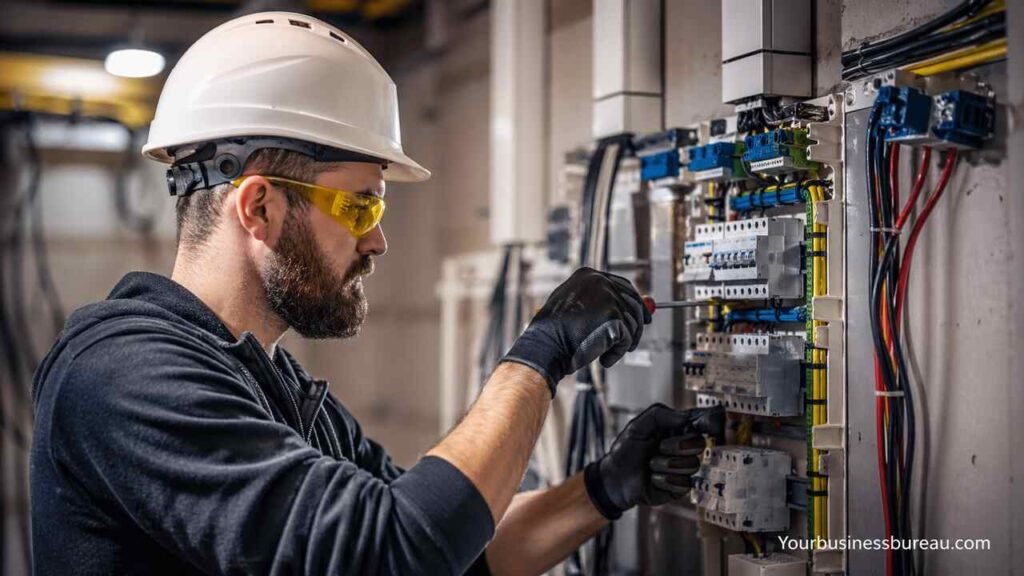 Electrician working on electrical panel in industrial setting