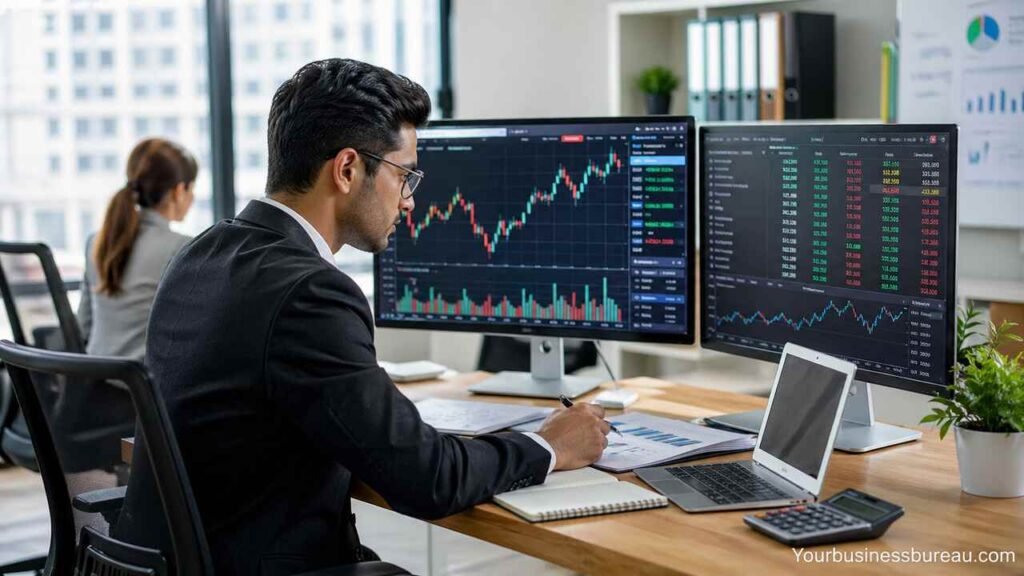 Finance professional analyzing stock market data in office