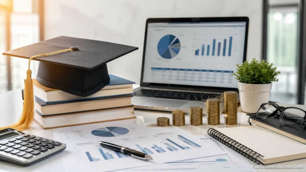 Finance degree career growth concept with charts and coins