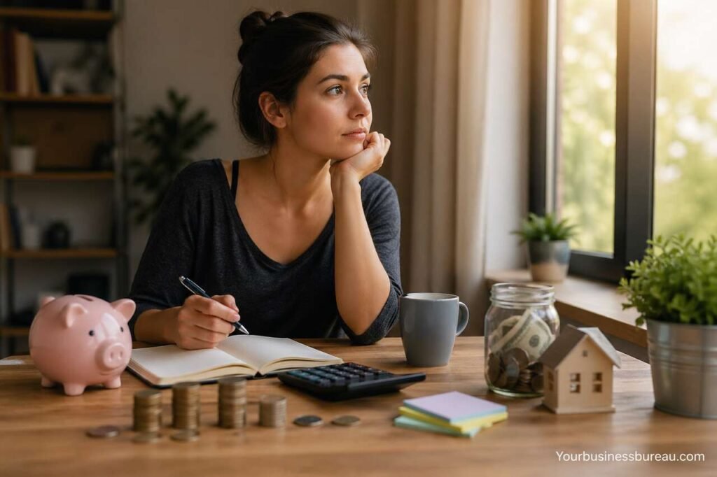 Person planning personal finances with calculator, savings jar, and budget notes near window