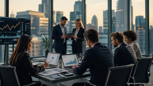 Finance professionals reviewing data in a corporate meeting