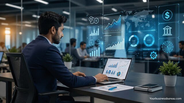 Finance professional using AI analytics dashboard in modern office