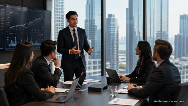 Investment banking professionals discussing financial strategies in office