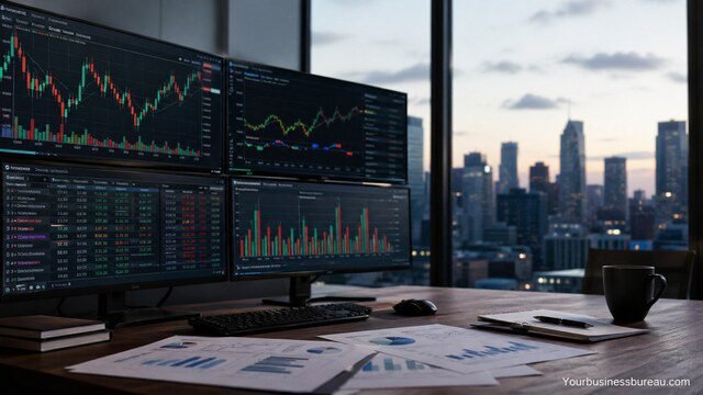 Financial analyst reviewing stock market charts on multiple screens