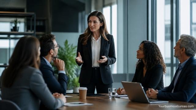 Executive coaching session in corporate office improving team leadership