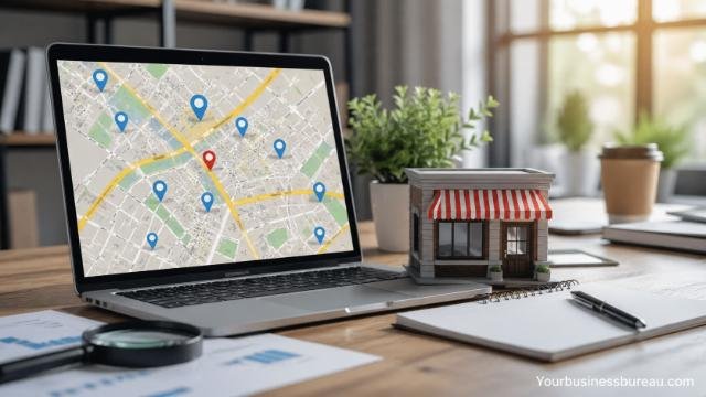 Local SEO strategy with map and location pins on laptop screen