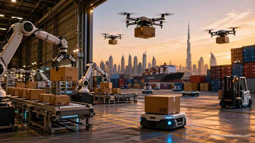 Robotics in UAE smart logistics hub handling cargo efficiently