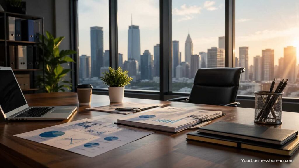 Corporate finance workspace with reports and city view