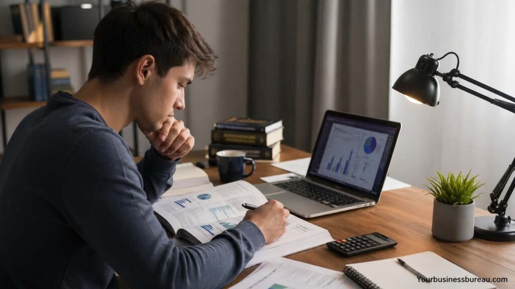 Student studying finance with charts and laptop