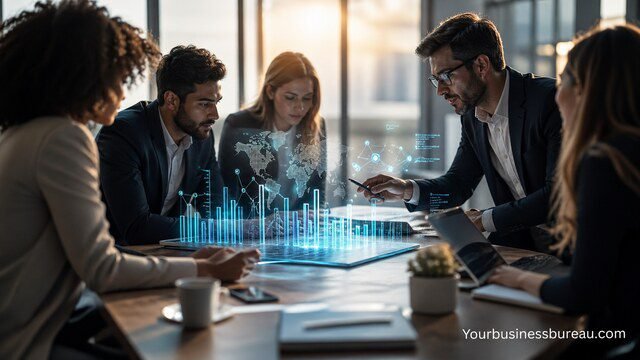 Enterprise team analyzing smart data strategy with digital dashboard