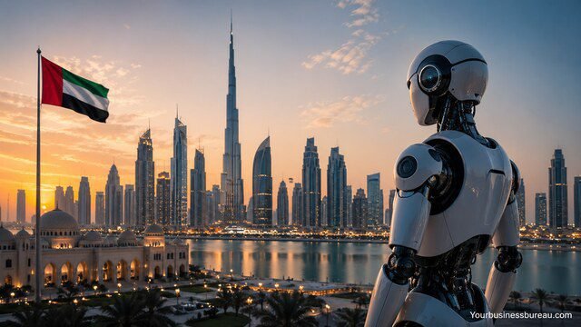 Robot overlooking Dubai skyline representing UAE robotics growth