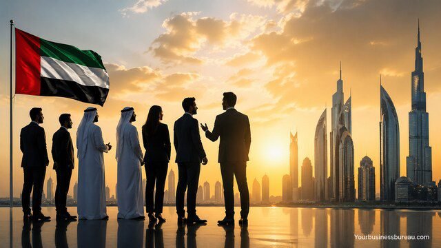 UAE business leaders overlooking skyline representing global influence