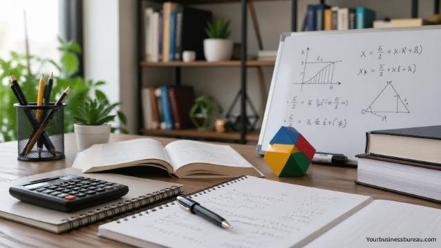 Study desk with math notes, calculator, and analytical diagrams