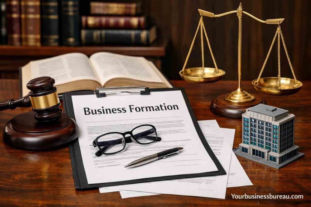 Business formation legal documents with gavel and scales