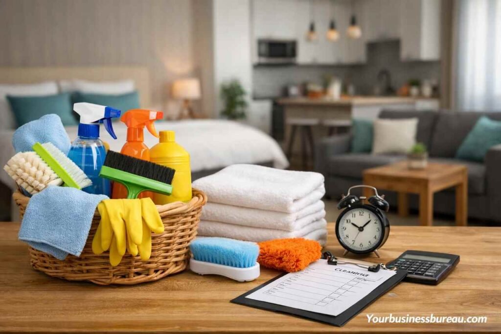 Airbnb cleaning supplies in short-term rental apartment