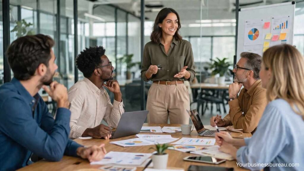 Team collaborating on human-centered business strategy in modern office