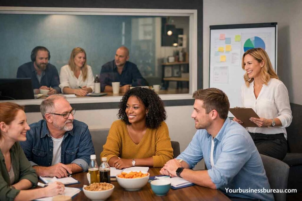 Consumer panel discussion with moderator and observers analyzing feedback