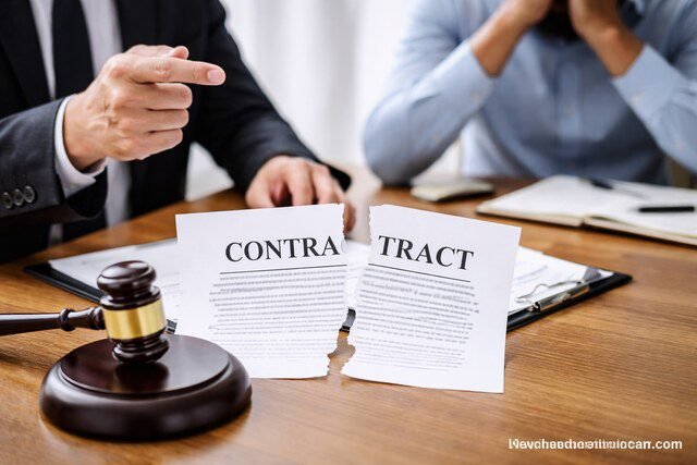 Torn contract with gavel on desk representing contract breach response