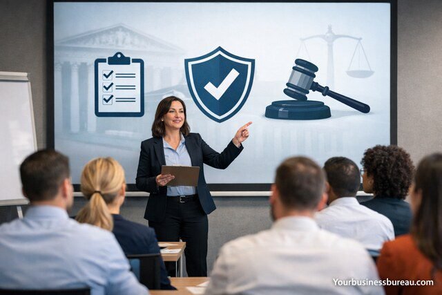 Employee compliance training session in a corporate office