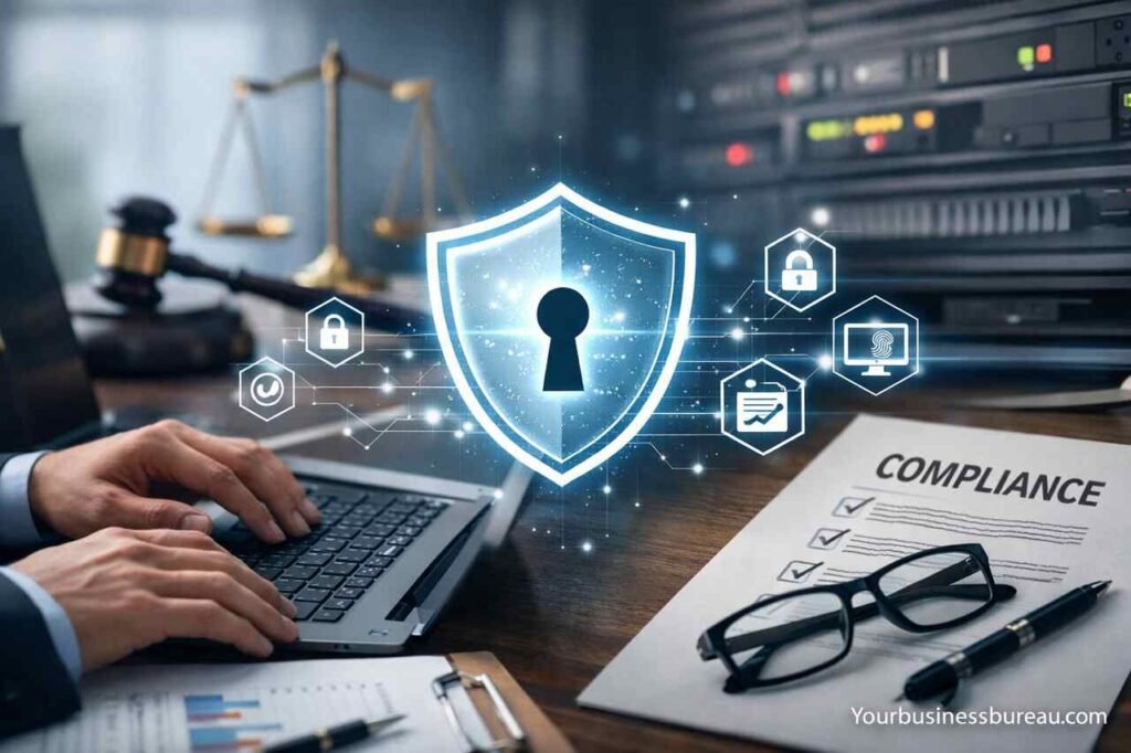 How Businesses Can Strengthen Security While Staying Compliant Business cybersecurity and compliance concept with shield and documents