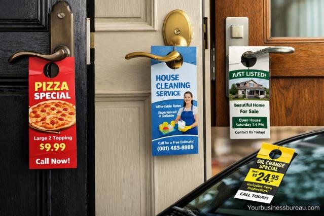 Door hangers advertising local services on residential doors
