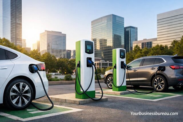 Electric company cars charging at office parking station