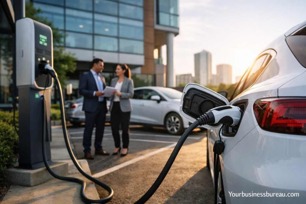 Electric company car charging at office building