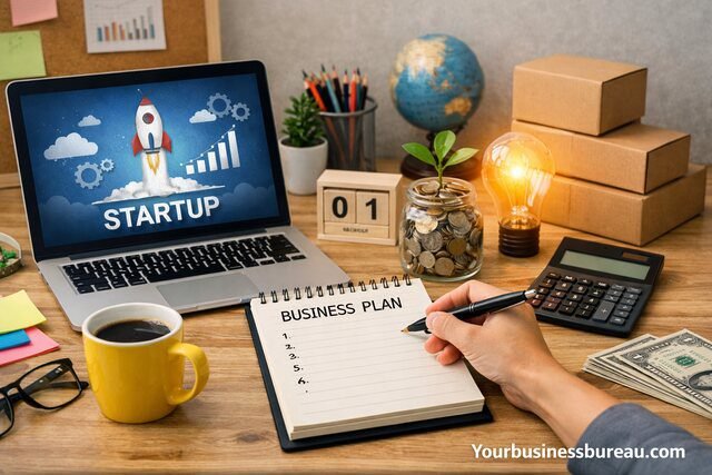Beginner planning simple business startup at desk