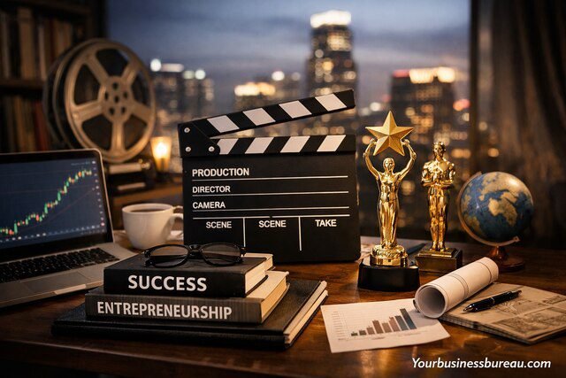 Business movies inspiring entrepreneurial mindset with workspace setup