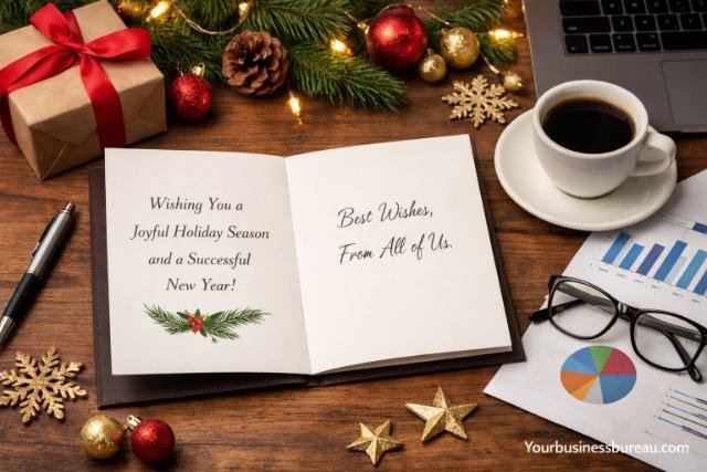 Business holiday card with festive office setup