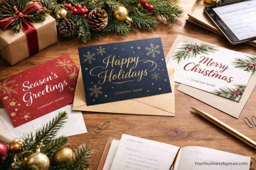 Business holiday cards with festive decorations on a desk