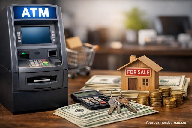 ATM business investment cost concept with cash and calculator