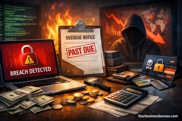 Financial losses caused by cybersecurity breach with warning screen and falling graph