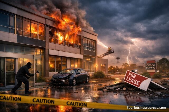 Business property risks including fire, theft, and storm damage