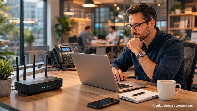 Cox Business Internet pricing workspace with laptop and router