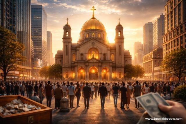 Religion business in modern society with church and crowd