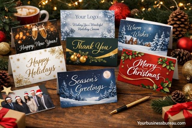 Different types of business holiday cards with festive decorations