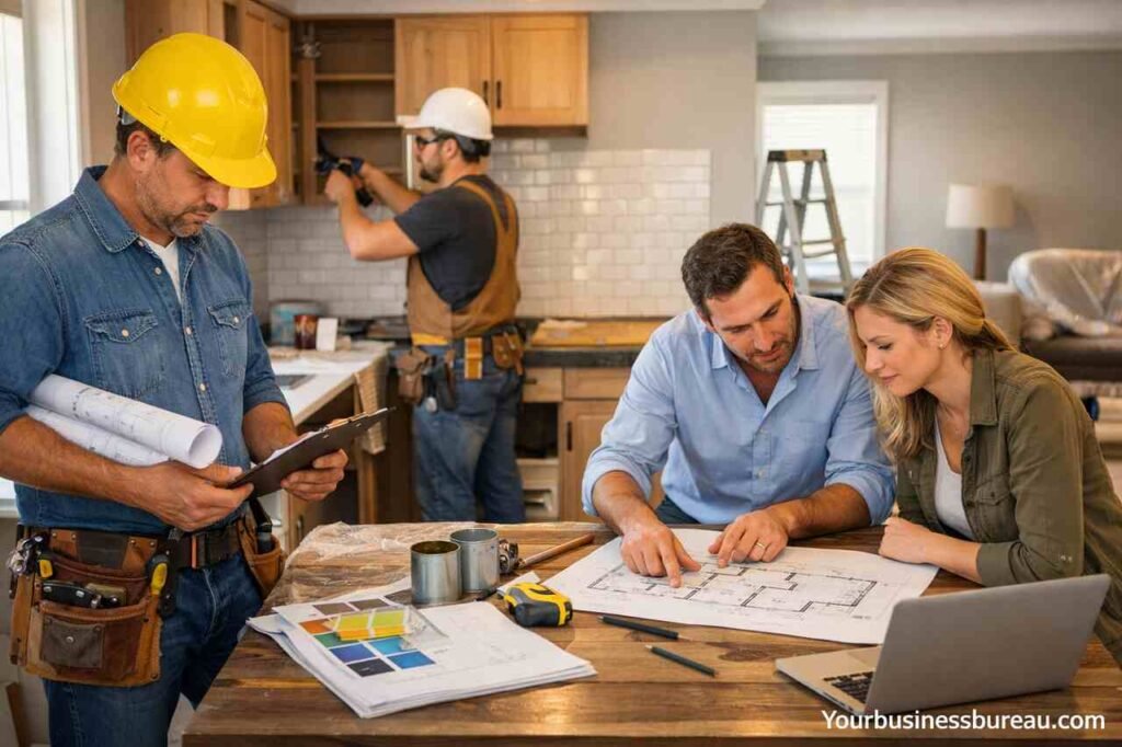Home renovation team discussing kitchen remodeling plans with tools and blueprints