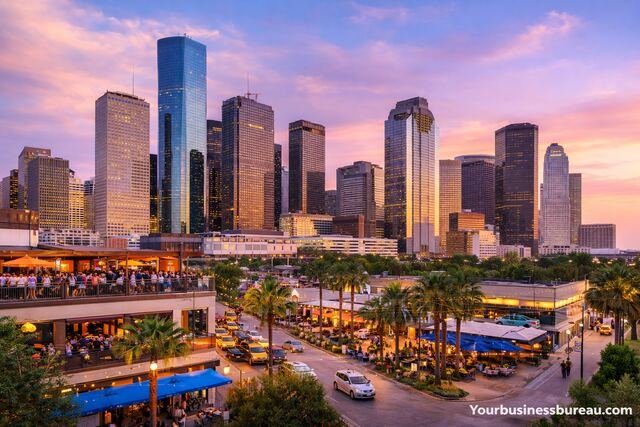 Businesses for sale in Houston cityscape with commercial activity