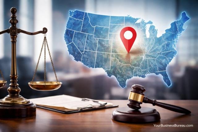 Principal place of business affecting legal jurisdiction with map and legal symbols