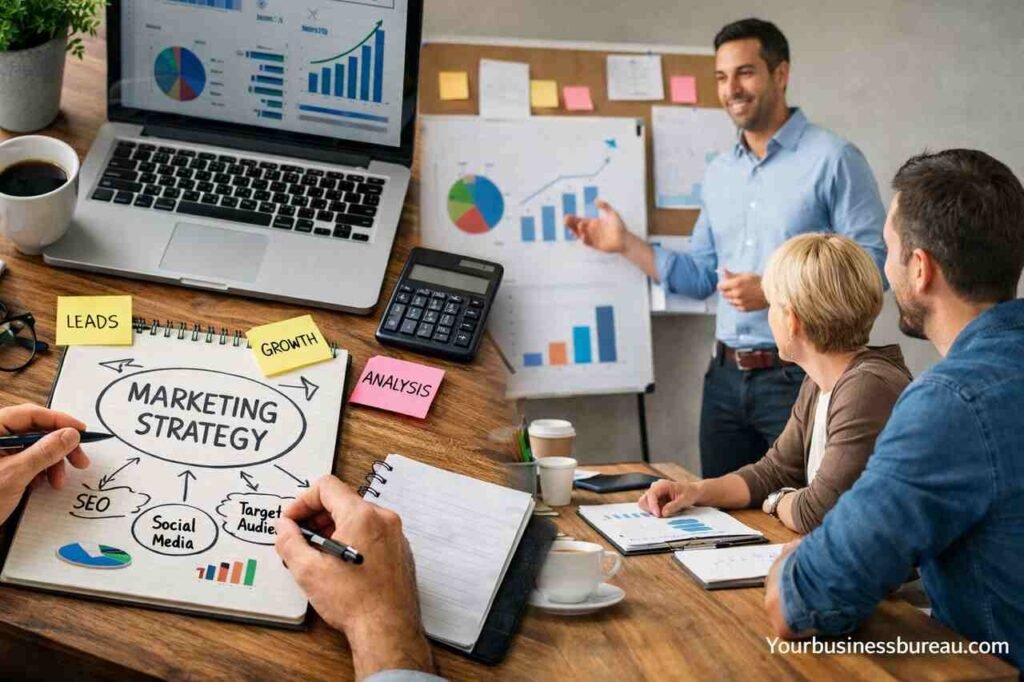 Small Business Marketing Consultant: Strategies, and Growth Systems for Sustainable Business Success Small business marketing consultant presenting growth strategies to clients