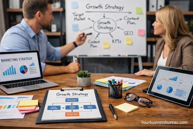 Marketing consultant explaining growth strategy to client