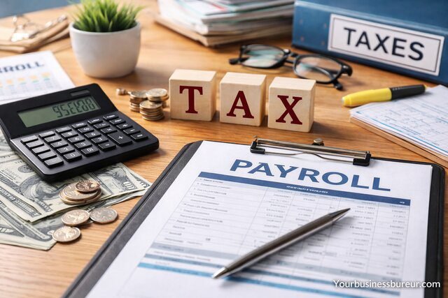 Employee payroll tax documents and calculator on desk