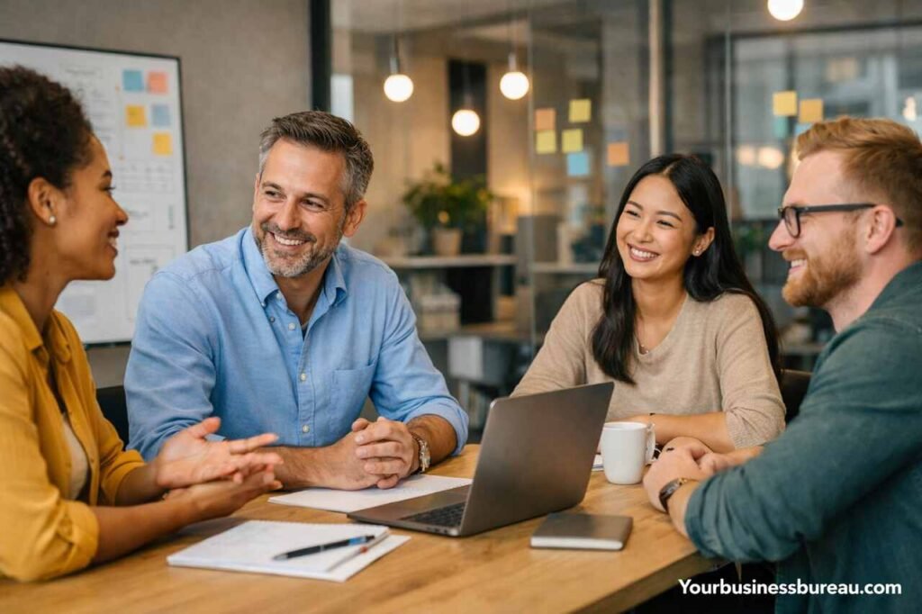 Team collaborating in a psychologically safe workplace environment