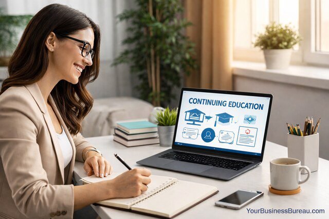 Woman learning online course at home office