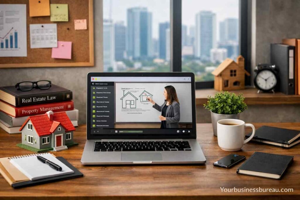 Online real estate continuing education workspace with laptop and property materials