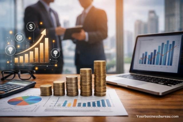 Business capital allocation strategy with financial charts and coins