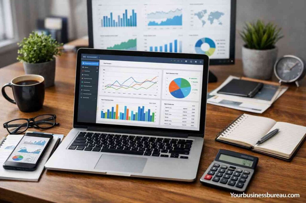 Business tracking dashboard on laptop with analytics charts in workspace