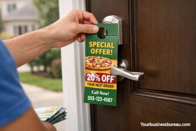 Person placing a door hanger on a house door