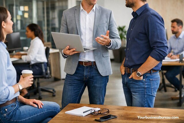 Professionals wearing jeans in a business casual office setting